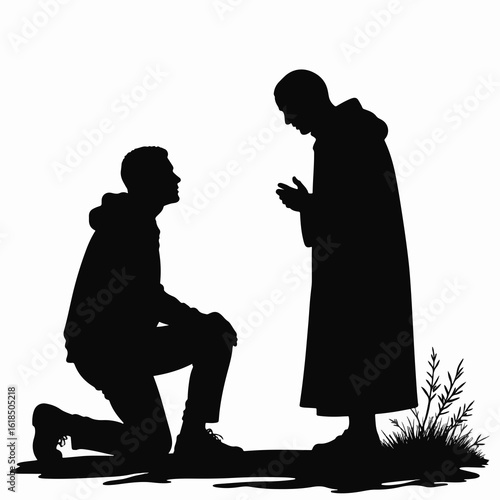 Man kneeling before elder in silhouette during a moment of contemplation and respect. Kneeling figure shows humility while elder offers guidance in a serene environment.