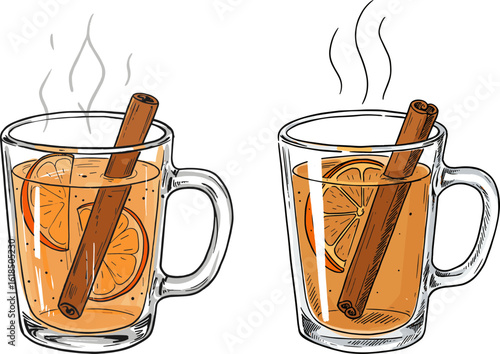 Hot spiced citrus drinks in hand-drawn style with cinnamon sticks  