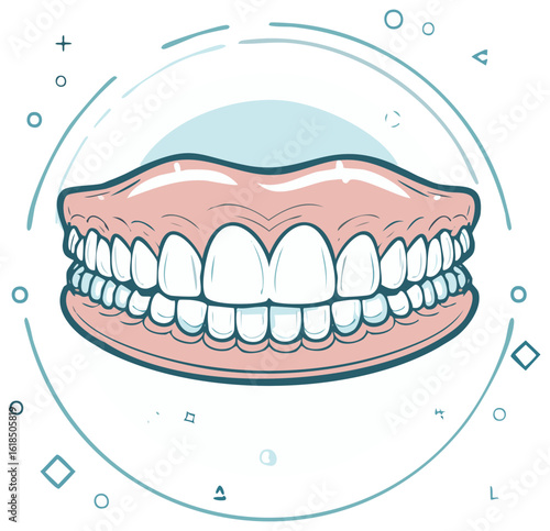 Vivid Denture Illustration Dental Arch with White Teeth and Gums for Dental Care Education