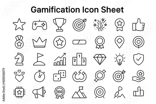 Gamification Icons for Digital World: Collection of gamification icons for use in presentations, web design, and apps, designed in a clean and modern style.