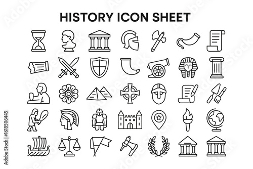 Iconic Journey Through Time: A comprehensive history icon sheet, featuring intricately designed illustrations representing diverse eras and themes.