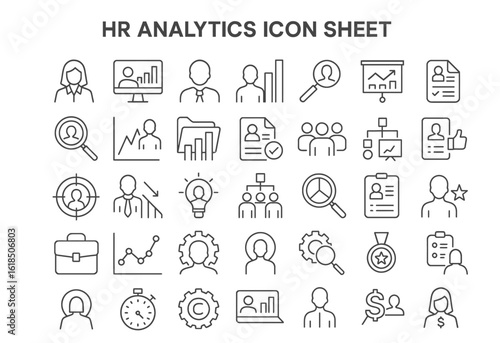 HR Analytics Icon Sheet: A comprehensive collection of minimalist line icons related to human resources analytics. The icons represent various concepts in a simple and elegant style. 