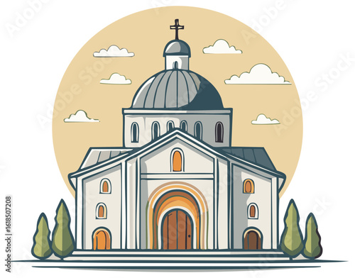 Stylized cartoon illustration of a traditional Christian cathedral with a large dome and cross