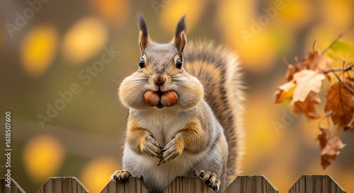 A funny gray squirrel with cheeks stuffed full of nuts sits on a fence with an autumn background.
