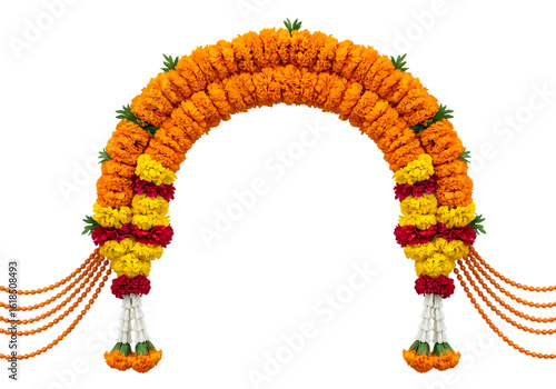 Orange and yellow marigold flower arch isolated on transparent background