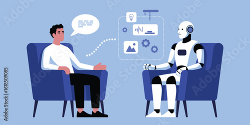 Man Having Conversation with Advanced Humanoid AI Robot - Futuristic Artificial Intelligence Communication Concept