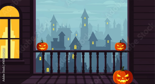 Carved Halloween Pumpkins on Balcony with Glowing Faces and Green Stems.