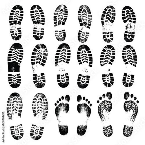 Vector illustration of various shoe and foot prints in black ink showing different textures and patterns