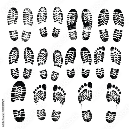 Vector illustration of various shoe and foot prints in black and white creating a unique pattern