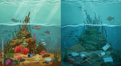 Healthy and polluted underwater environments, contrasted to highlight pollution's impact on marine life.