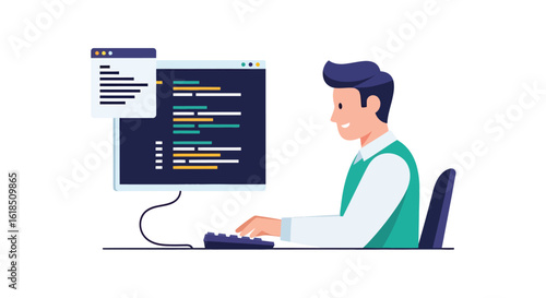 A vector illustration of a man sitting at a desk and coding on a computer. The monitor displays colorful lines of code, while an additional code window appears in the upper left. The scene is depicted
