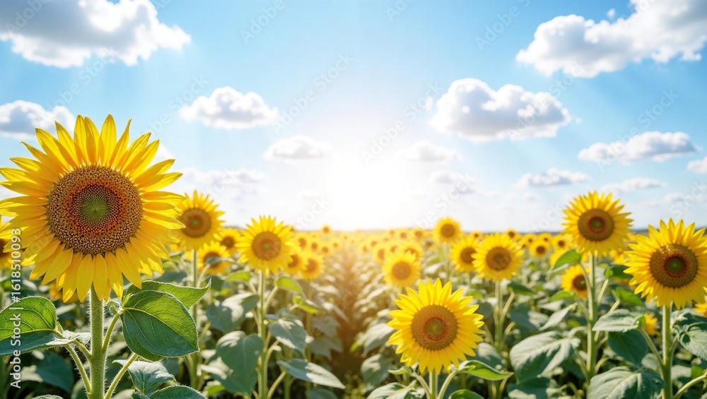 Obraz premium A vibrant field of yellow sunflowers stretches toward the horizon, glowing brightly under a clear sky