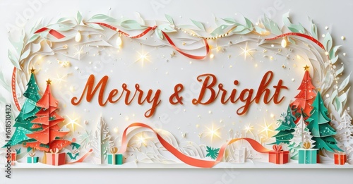 Wallpaper Mural Papercraft scene depicts festive holiday greetings. Trees, gifts, lights create cheerful winter ambiance. Red, green dominate design. Torontodigital.ca