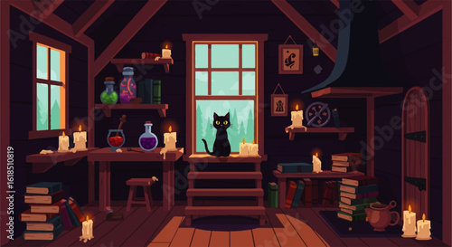 Cozy candlelit witchs workshop interior with a black cat potion bottles and stacks of ancient spell books.