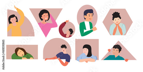 people neighbor happy smiling positive man woman neighbor set people neighbor different shaped frame stay home keep social human communication