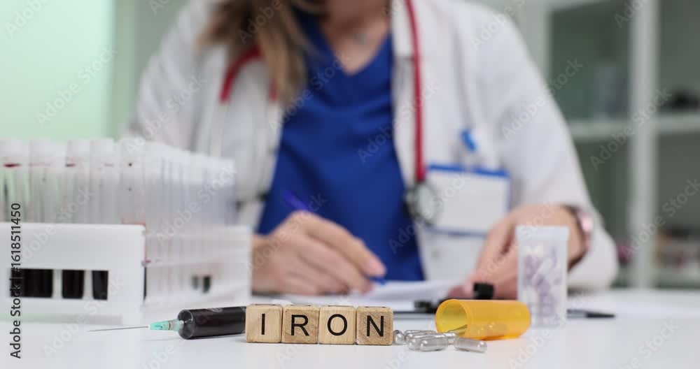 Wooden blocks spell word Iron highlighting blood test importance near medical worker writing notes. Test tubes stay on table showing sense of testing Wooden blocks spell word Iron highlighting blood test importance near medical worker writing notes. Test tubes stay on table showing sense of testing