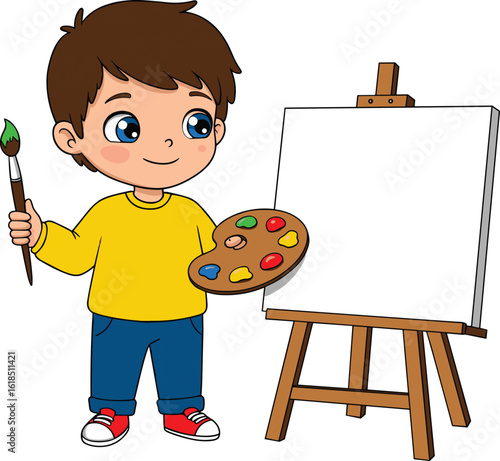 Cartoon boy painting on canvas, holding palette and brush, kids art activity, creative child drawing illustration, school project scene