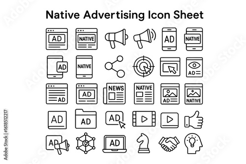 Advertising Icon Sheet: A comprehensive icon sheet is packed with diverse vector graphics, carefully curated for all your advertising needs. Illustrative design of several advertising related symbols.