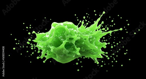 High-speed photo of neon green slime explosion, frozen droplets, glossy texture, sharp lighting, black background.