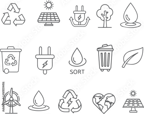Eco & Nature Line Icons – Leaf, Tree, Recycle, Globe, Water, Energy Vector Set