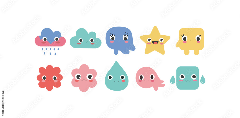 Fototapeta premium Cute cartoon characters, colorful geometric shapes with happy faces in flat playful style for kids illustration emoji icon collection decorative graphic element design