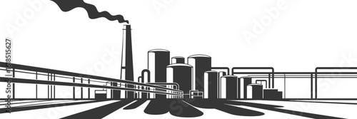 Industrial factories silhouette background with oil refinery structures, storage tanks, gas pipes, and production equipment


