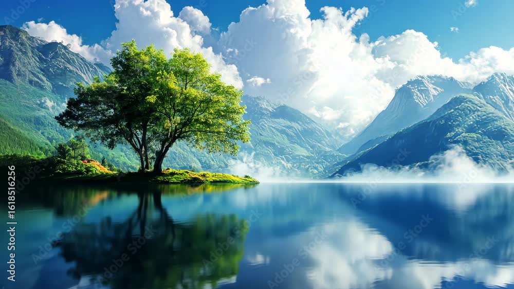 Idyllic Mountain Scenery Featuring a Solitary Tree and Rippling Lake Reflections. Idyllic Mountain Scenery Featuring a Solitary Tree and Rippling Lake Reflections.