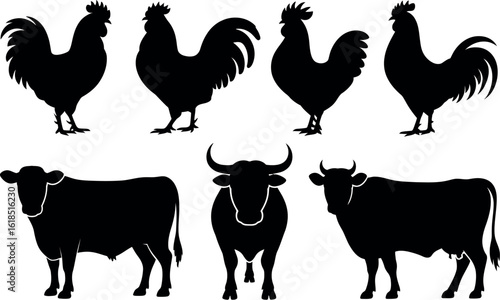 Farm animals silhouettes vector illustration of rooster and cow for design use