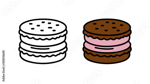 Cookie sandwich clip art with chocolate wafers and pink filling in color and black outlines