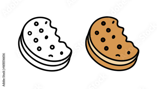 Two Cookie Sandwich Drawings, One Color and One Outline, with a Bite Missing