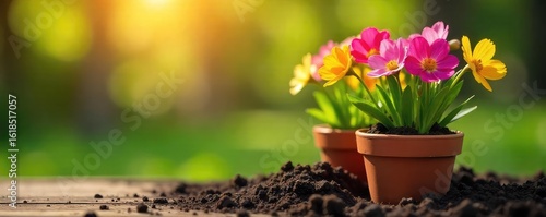 A cheerful spring scene of colorful flowers being planted in a terracotta flowerpot, ready to bloom  Sunlight streams down, illuminating the vibrant blossoms and rich soil ,  clay,  earth
