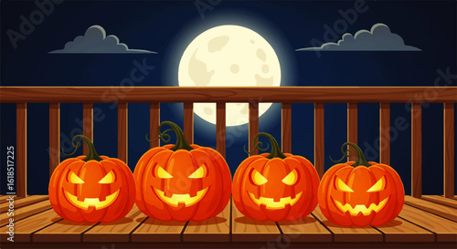 Four glowing Jack-o-lanterns with unique carved faces and sinister smiles lined up in a row.