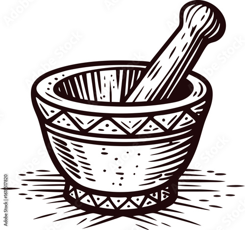 Hand drawn mortar and pestle with decorative design in vintage engraving sketch
