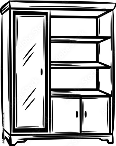 Hand drawn vintage wooden cabinet with shelves and doors isolated on white background illustration