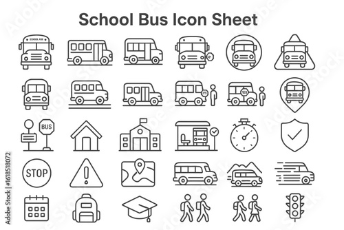 School Bus Icon Sheet: A comprehensive icon sheet of school bus-related symbols, offering a versatile set of pictograms perfect for educational and transportation-themed design projects.