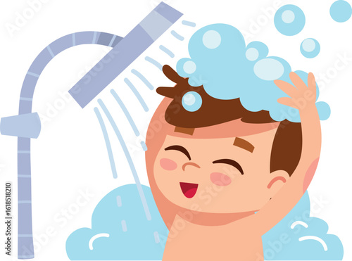 Child is taking a shower. Little boy washes his hear, head. Child bathing.