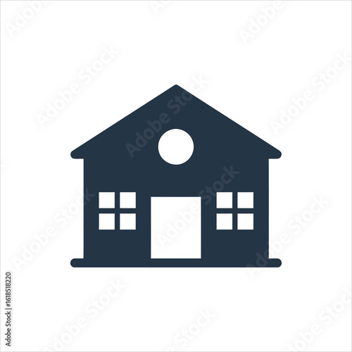 Simple dark blue house icon with white windows and door home building