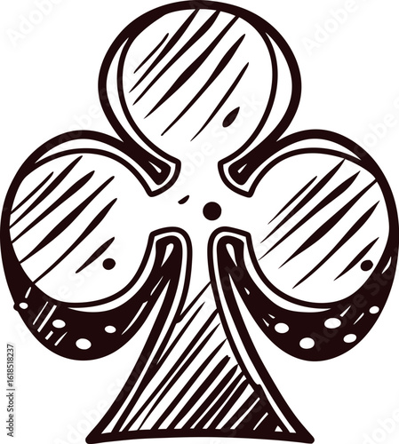 Hand drawn club suit symbol artistic black ink illustration with vintage engraving lines and sketch hatching detail
