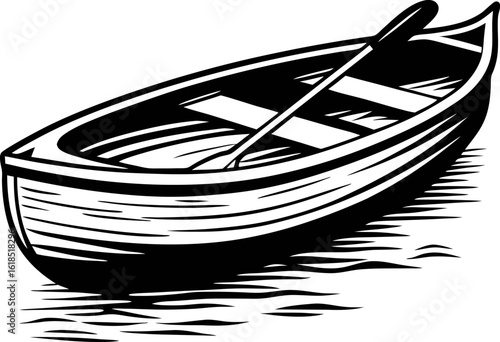 Hand drawn wooden rowboat with oar on rippling water vintage black and white engraving illustration