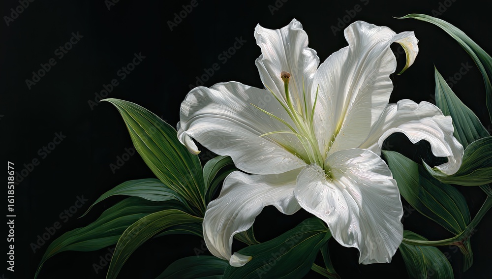 Fototapeta premium Close-up of a pristine white lily, with dark green leaves, against a black background. Soft light highlights the flower's delicate petals