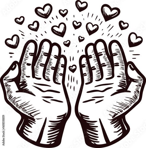 Open hands releasing hearts sketch illustration of giving love, kindness, and care with palms upward and floating hearts