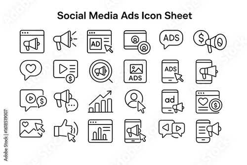 Social Media Ads Icon Sheet: A comprehensive collection of meticulously crafted icons representing various aspects of social media advertising, designed for visual clarity and intuitive understanding.