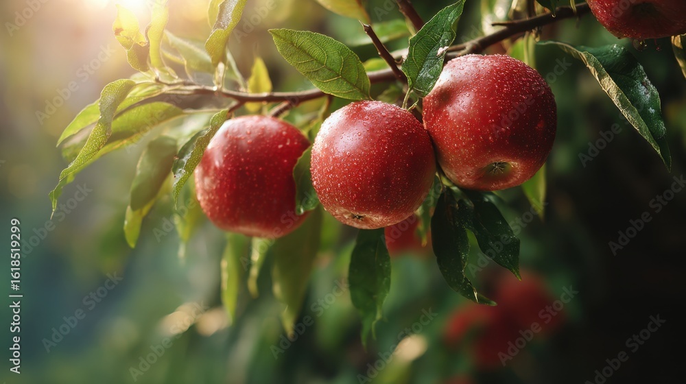 Obraz premium Ripe red apple fruit on tree branch with water drops in orchard. Concept for healthy eating, autumn harvest, and fresh produce.