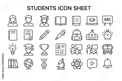 Education Icon Set: An organized collection of meticulously crafted educational icons, encompassing a wide array of subjects and concepts.