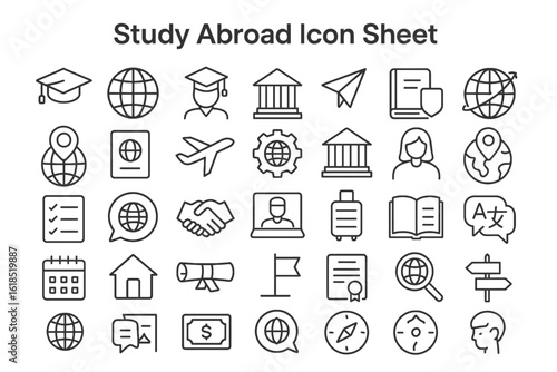 Study Abroad Icon Set: A clean and organized icon sheet featuring a wide variety of relevant icons, representing the essence of education and adventure.