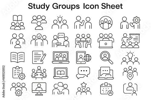 Study Groups Icon Sheet: A comprehensive icon sheet features line art illustrations of various study group scenarios, perfect for educational or collaborative projects.