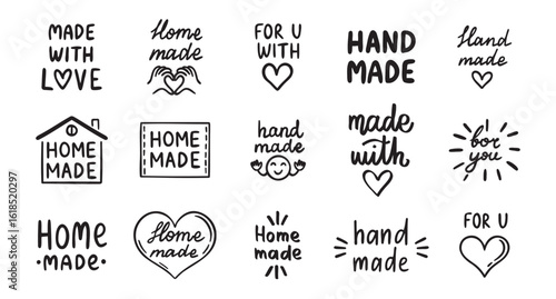 vintage old style hand made and made with love labels writings set. Hand drawn doodle outline drawing hand made line clipart symbol