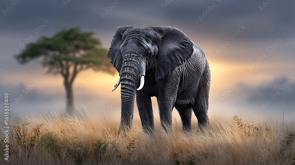 Obraz premium A young elephant silhouetted at dusk, using its trunk to forage for food near a quiet plain.