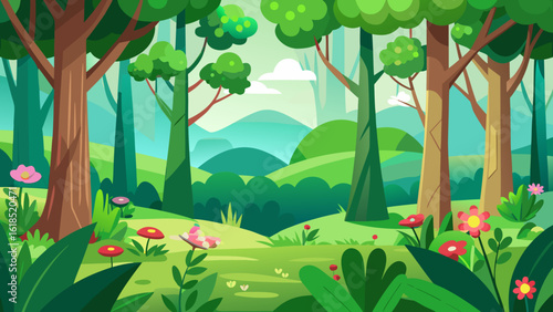 Vector art of an enchanting cartoon forest path leading through a magical woodland with whimsical mushrooms and vibrant flora