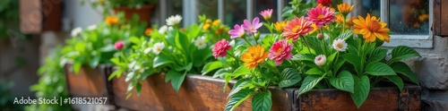 Charming rustic planter box overflowing with lush greenery and vibrant flowers, adding a touch of nature's beauty to any home or garden , greenery, indoor, box